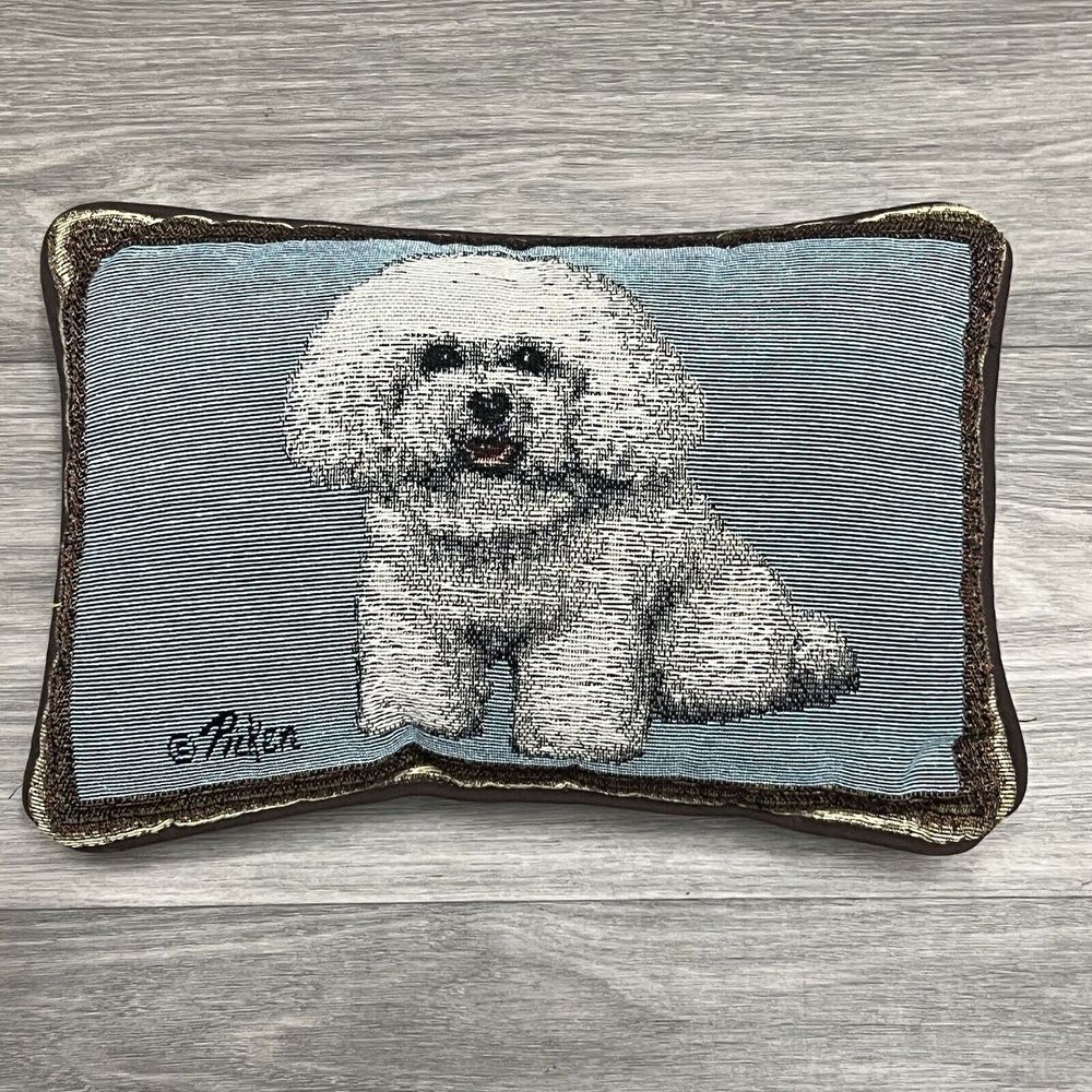 Vintage Linda Picken Needlepoint Pillow Tapestry Bichon Frise French Art Dog